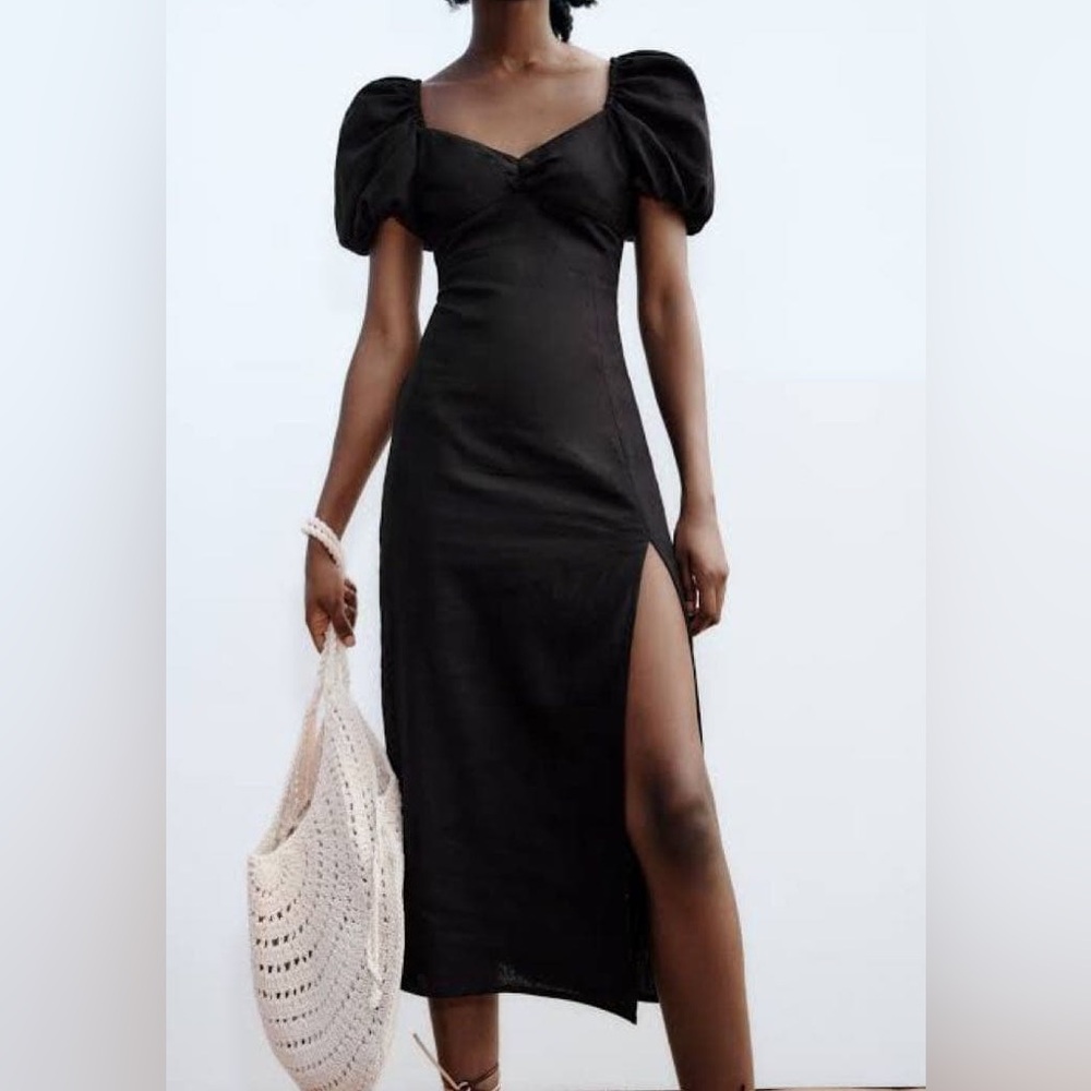 Zara black Puff-Sleeve Midi Dress